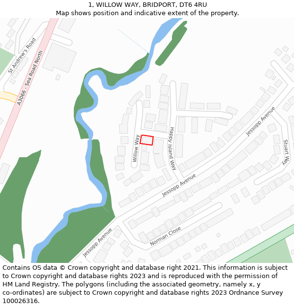 1, WILLOW WAY, BRIDPORT, DT6 4RU: Location map and indicative extent of plot