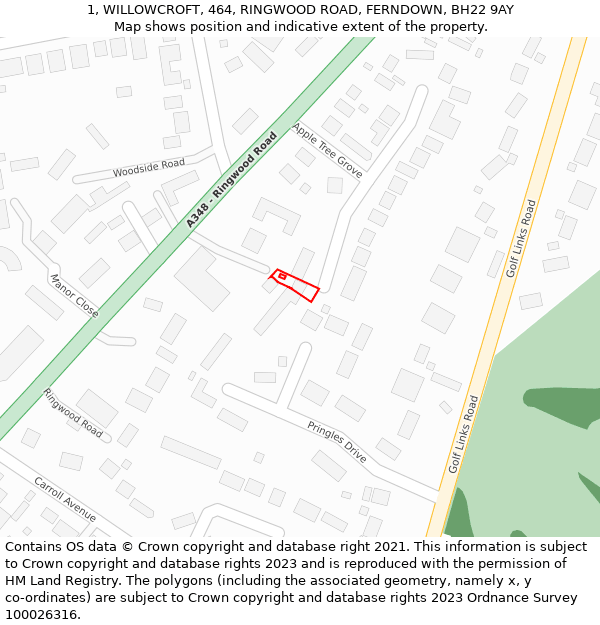 1, WILLOWCROFT, 464, RINGWOOD ROAD, FERNDOWN, BH22 9AY: Location map and indicative extent of plot