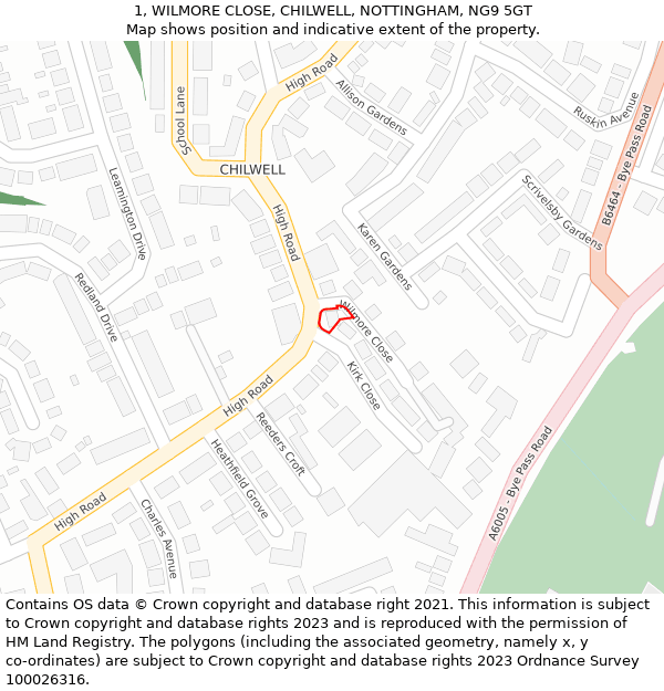 1, WILMORE CLOSE, CHILWELL, NOTTINGHAM, NG9 5GT: Location map and indicative extent of plot