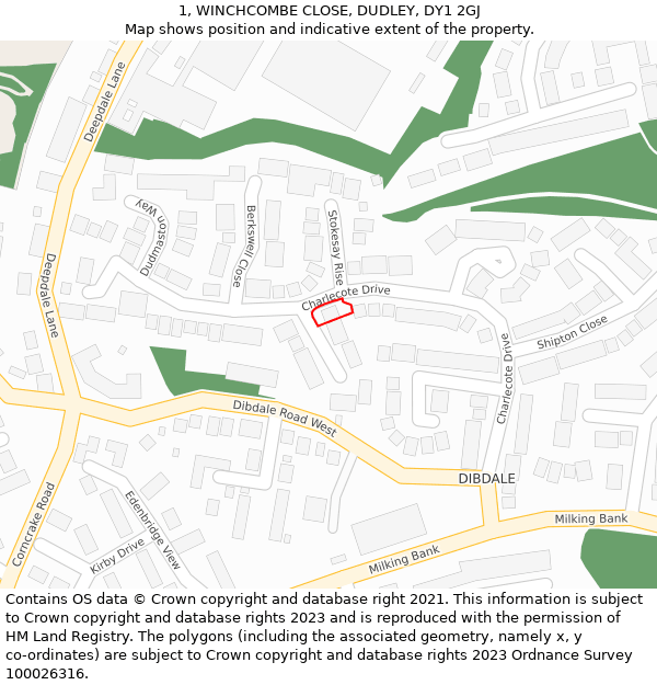 1, WINCHCOMBE CLOSE, DUDLEY, DY1 2GJ: Location map and indicative extent of plot