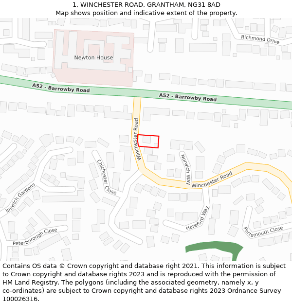 1, WINCHESTER ROAD, GRANTHAM, NG31 8AD: Location map and indicative extent of plot
