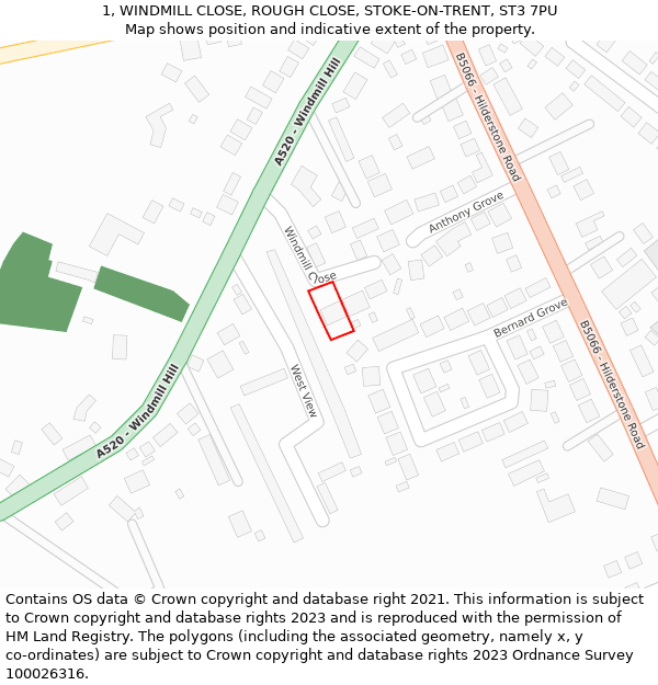 1, WINDMILL CLOSE, ROUGH CLOSE, STOKE-ON-TRENT, ST3 7PU: Location map and indicative extent of plot