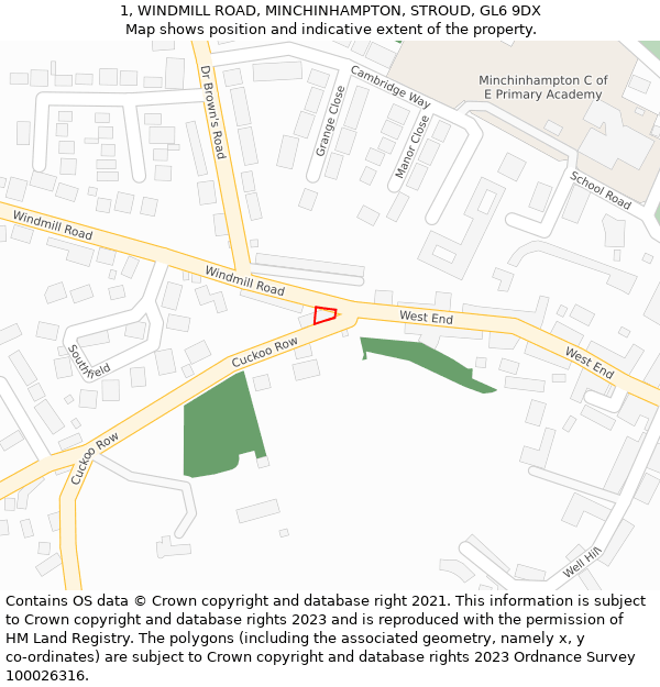 1, WINDMILL ROAD, MINCHINHAMPTON, STROUD, GL6 9DX: Location map and indicative extent of plot