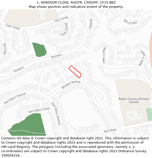 1, WINDSOR CLOSE, RADYR, CARDIFF, CF15 8BZ: Location map and indicative extent of plot