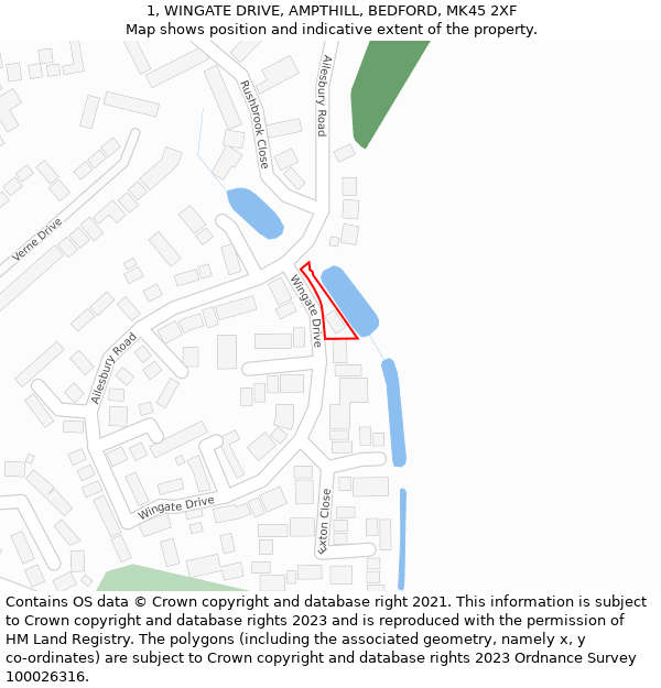 1, WINGATE DRIVE, AMPTHILL, BEDFORD, MK45 2XF: Location map and indicative extent of plot