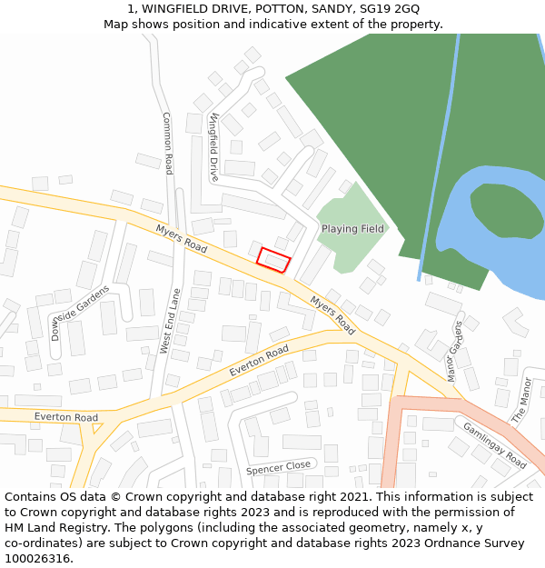 1, WINGFIELD DRIVE, POTTON, SANDY, SG19 2GQ: Location map and indicative extent of plot