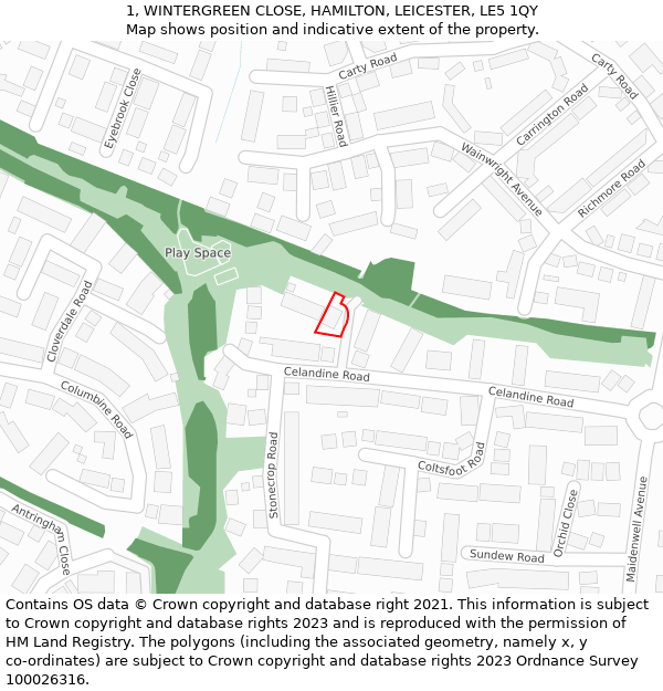 1, WINTERGREEN CLOSE, HAMILTON, LEICESTER, LE5 1QY: Location map and indicative extent of plot