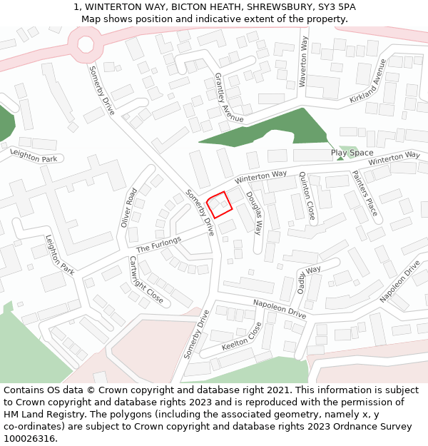 1, WINTERTON WAY, BICTON HEATH, SHREWSBURY, SY3 5PA: Location map and indicative extent of plot