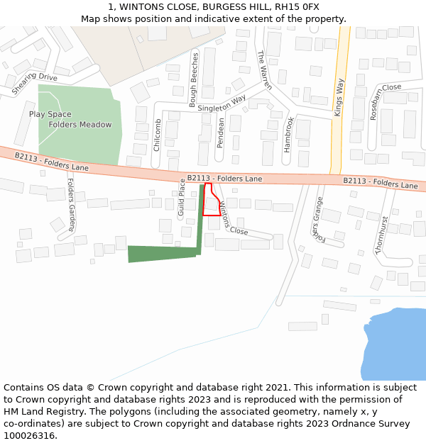 1, WINTONS CLOSE, BURGESS HILL, RH15 0FX: Location map and indicative extent of plot