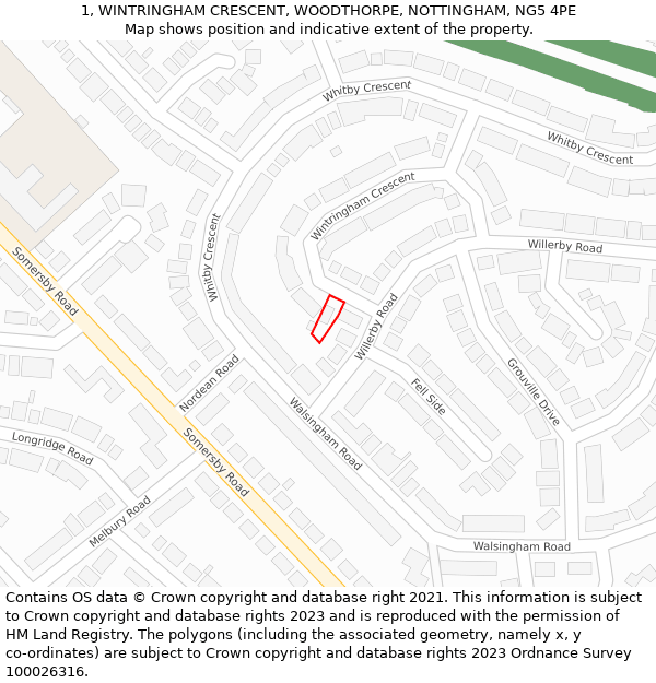 1, WINTRINGHAM CRESCENT, WOODTHORPE, NOTTINGHAM, NG5 4PE: Location map and indicative extent of plot