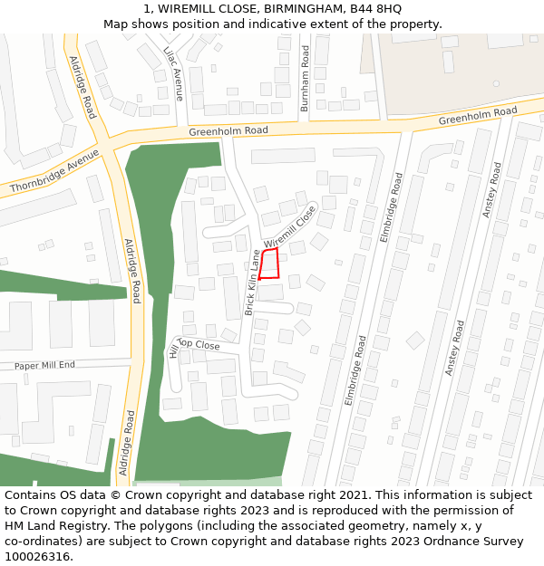 1, WIREMILL CLOSE, BIRMINGHAM, B44 8HQ: Location map and indicative extent of plot