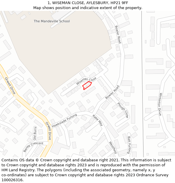 1, WISEMAN CLOSE, AYLESBURY, HP21 9FF: Location map and indicative extent of plot