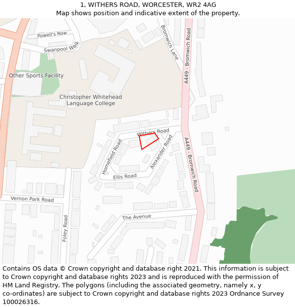 1, WITHERS ROAD, WORCESTER, WR2 4AG: Location map and indicative extent of plot