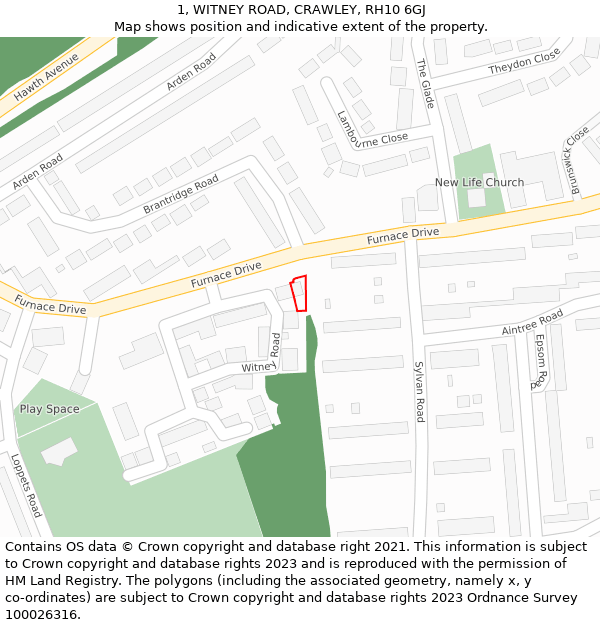 1, WITNEY ROAD, CRAWLEY, RH10 6GJ: Location map and indicative extent of plot