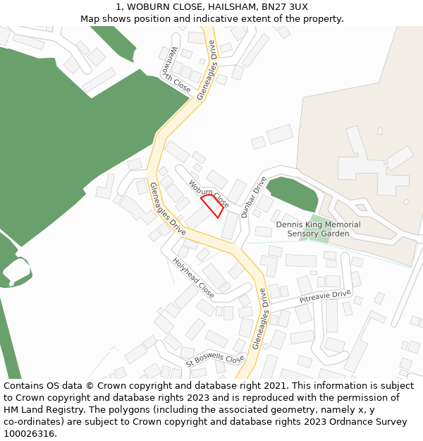 1, WOBURN CLOSE, HAILSHAM, BN27 3UX: Location map and indicative extent of plot