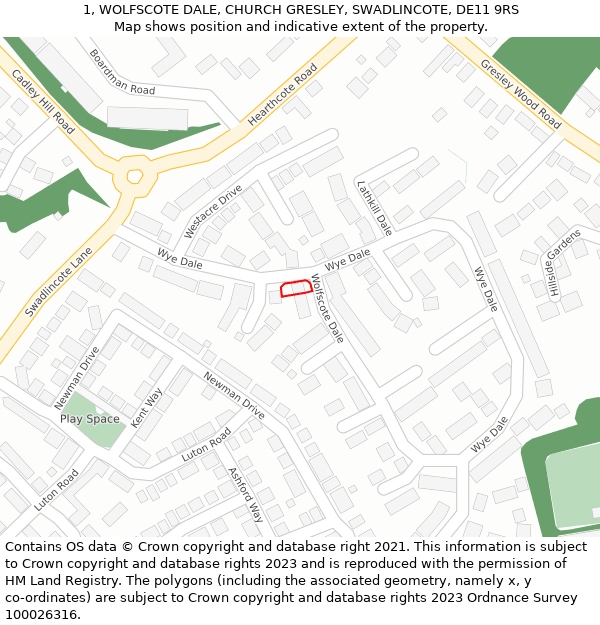 1, WOLFSCOTE DALE, CHURCH GRESLEY, SWADLINCOTE, DE11 9RS: Location map and indicative extent of plot