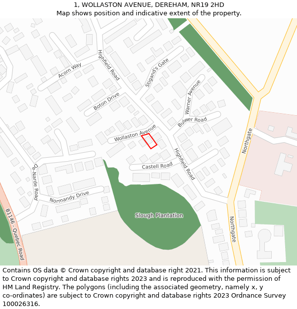 1, WOLLASTON AVENUE, DEREHAM, NR19 2HD: Location map and indicative extent of plot