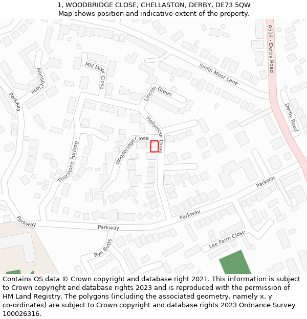 1, WOODBRIDGE CLOSE, CHELLASTON, DERBY, DE73 5QW: Location map and indicative extent of plot