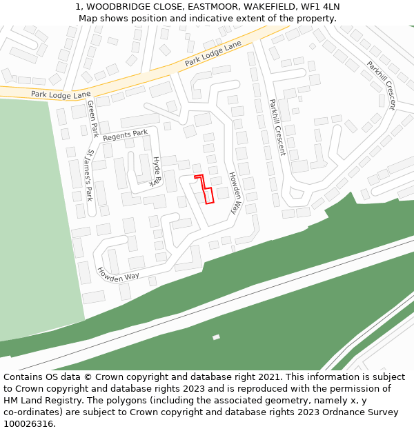 1, WOODBRIDGE CLOSE, EASTMOOR, WAKEFIELD, WF1 4LN: Location map and indicative extent of plot