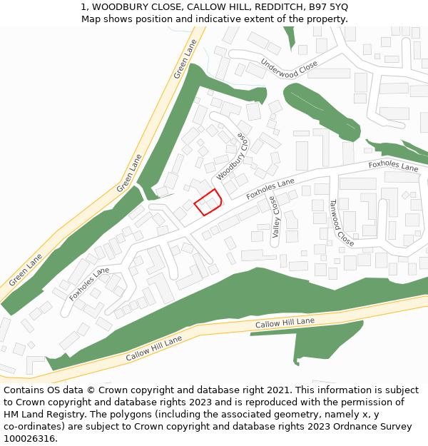 1, WOODBURY CLOSE, CALLOW HILL, REDDITCH, B97 5YQ: Location map and indicative extent of plot