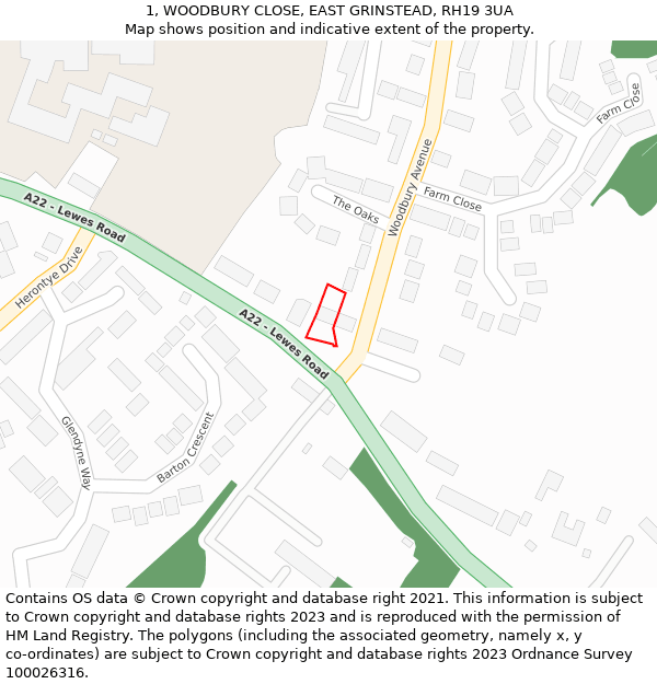 1, WOODBURY CLOSE, EAST GRINSTEAD, RH19 3UA: Location map and indicative extent of plot