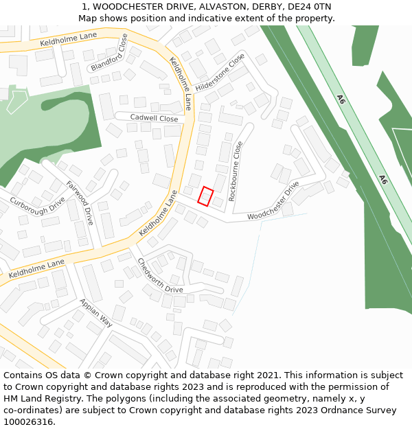 1, WOODCHESTER DRIVE, ALVASTON, DERBY, DE24 0TN: Location map and indicative extent of plot