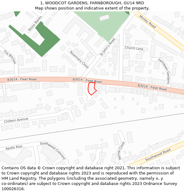 1, WOODCOT GARDENS, FARNBOROUGH, GU14 9RD: Location map and indicative extent of plot