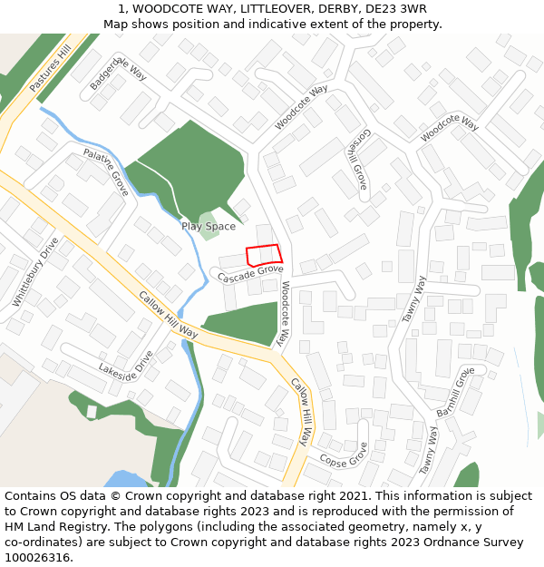1, WOODCOTE WAY, LITTLEOVER, DERBY, DE23 3WR: Location map and indicative extent of plot