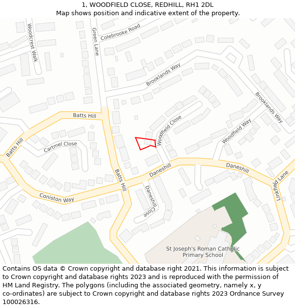 1, WOODFIELD CLOSE, REDHILL, RH1 2DL: Location map and indicative extent of plot