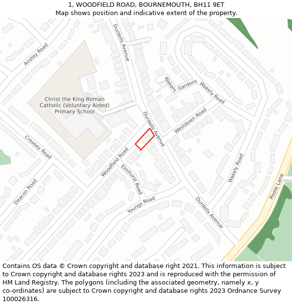 1, WOODFIELD ROAD, BOURNEMOUTH, BH11 9ET: Location map and indicative extent of plot
