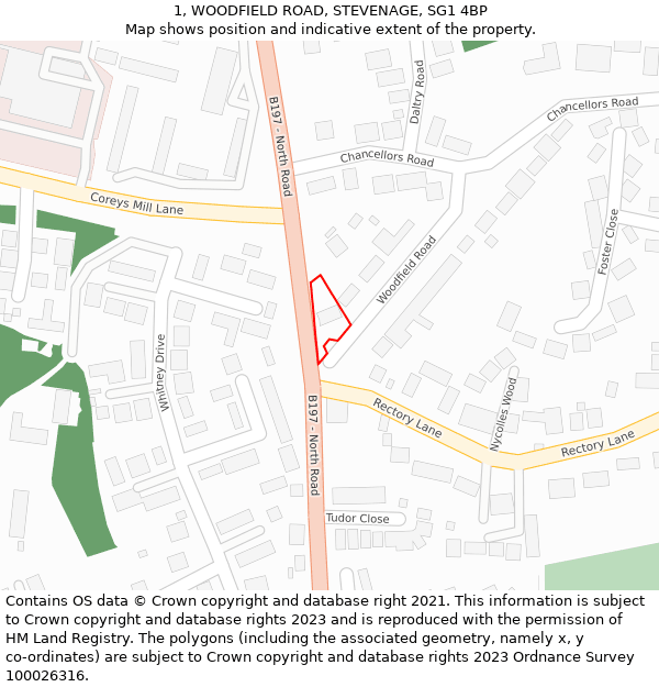 1, WOODFIELD ROAD, STEVENAGE, SG1 4BP: Location map and indicative extent of plot