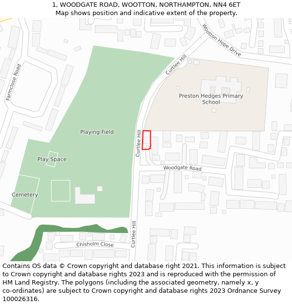 1, WOODGATE ROAD, WOOTTON, NORTHAMPTON, NN4 6ET: Location map and indicative extent of plot