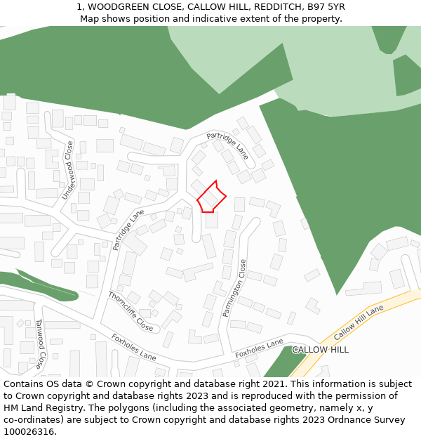 1, WOODGREEN CLOSE, CALLOW HILL, REDDITCH, B97 5YR: Location map and indicative extent of plot