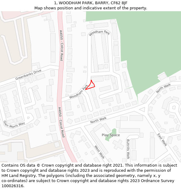 1, WOODHAM PARK, BARRY, CF62 8JF: Location map and indicative extent of plot