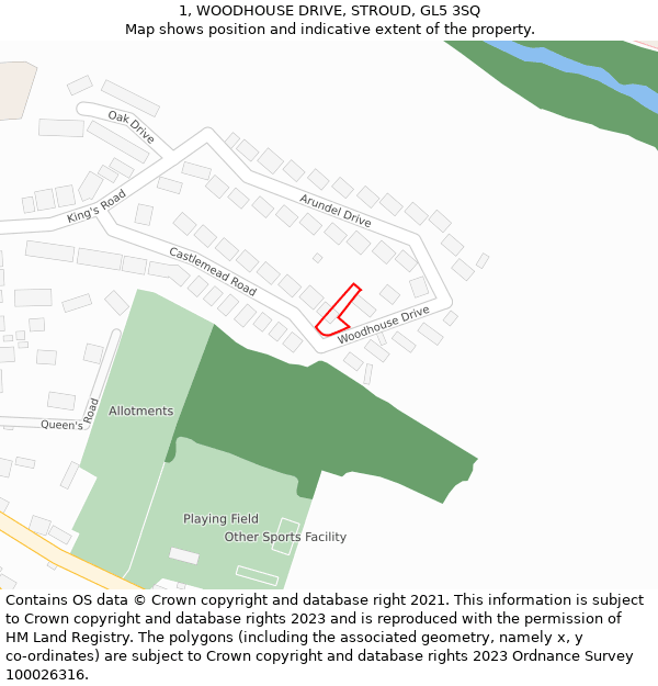 1, WOODHOUSE DRIVE, STROUD, GL5 3SQ: Location map and indicative extent of plot