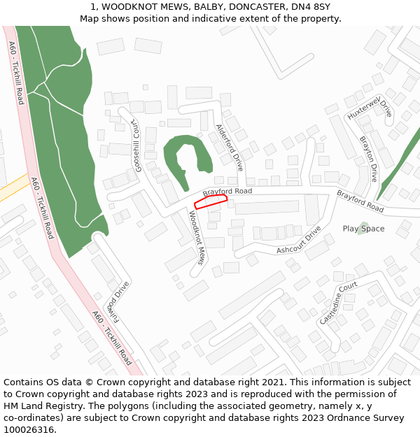 1, WOODKNOT MEWS, BALBY, DONCASTER, DN4 8SY: Location map and indicative extent of plot