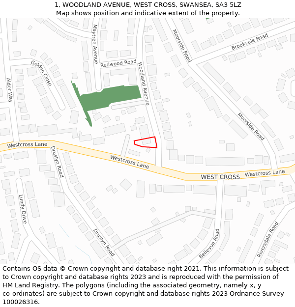 1, WOODLAND AVENUE, WEST CROSS, SWANSEA, SA3 5LZ: Location map and indicative extent of plot