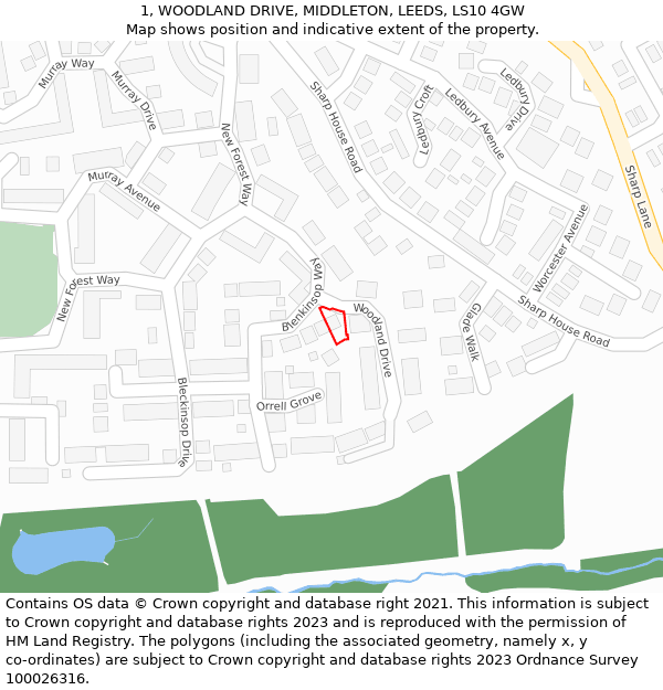 1, WOODLAND DRIVE, MIDDLETON, LEEDS, LS10 4GW: Location map and indicative extent of plot