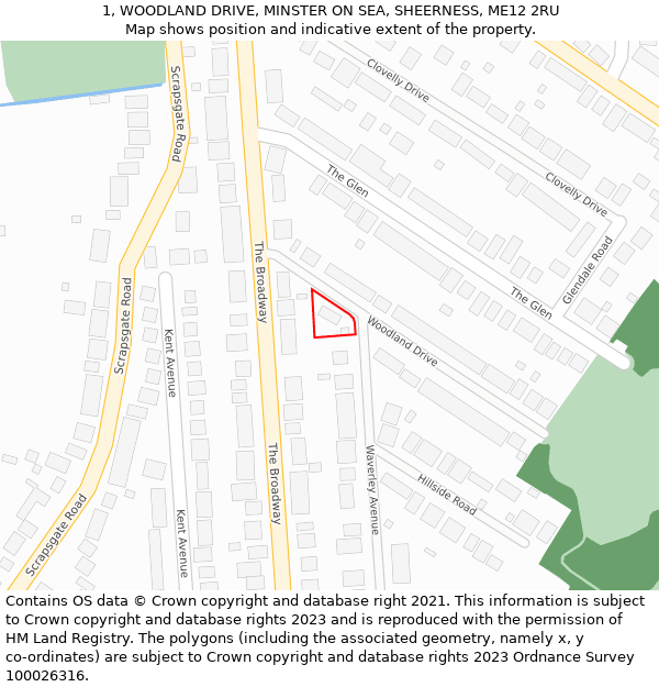 1, WOODLAND DRIVE, MINSTER ON SEA, SHEERNESS, ME12 2RU: Location map and indicative extent of plot