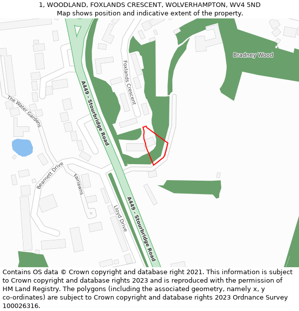 1, WOODLAND, FOXLANDS CRESCENT, WOLVERHAMPTON, WV4 5ND: Location map and indicative extent of plot