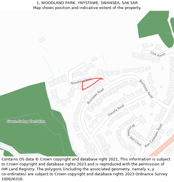 1, WOODLAND PARK, YNYSTAWE, SWANSEA, SA6 5AR: Location map and indicative extent of plot