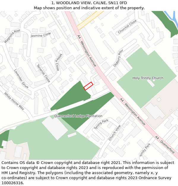 1, WOODLAND VIEW, CALNE, SN11 0FD: Location map and indicative extent of plot