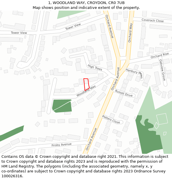 1, WOODLAND WAY, CROYDON, CR0 7UB: Location map and indicative extent of plot
