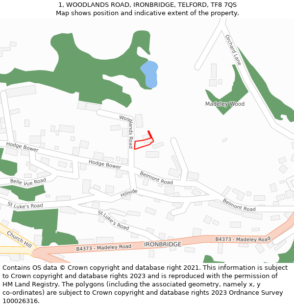1, WOODLANDS ROAD, IRONBRIDGE, TELFORD, TF8 7QS: Location map and indicative extent of plot