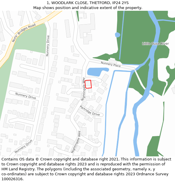 1, WOODLARK CLOSE, THETFORD, IP24 2YS: Location map and indicative extent of plot