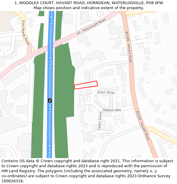 1, WOODLEA COURT, HAVANT ROAD, HORNDEAN, WATERLOOVILLE, PO8 0FW: Location map and indicative extent of plot