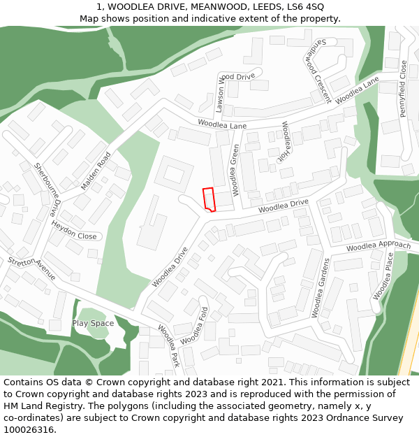 1, WOODLEA DRIVE, MEANWOOD, LEEDS, LS6 4SQ: Location map and indicative extent of plot