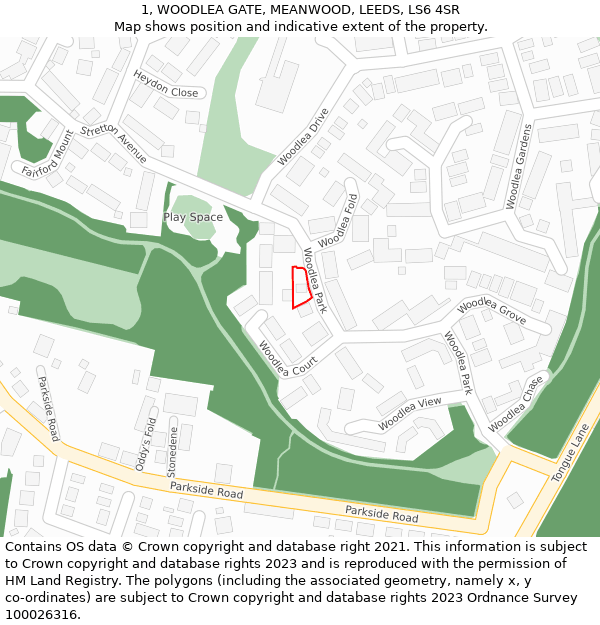 1, WOODLEA GATE, MEANWOOD, LEEDS, LS6 4SR: Location map and indicative extent of plot