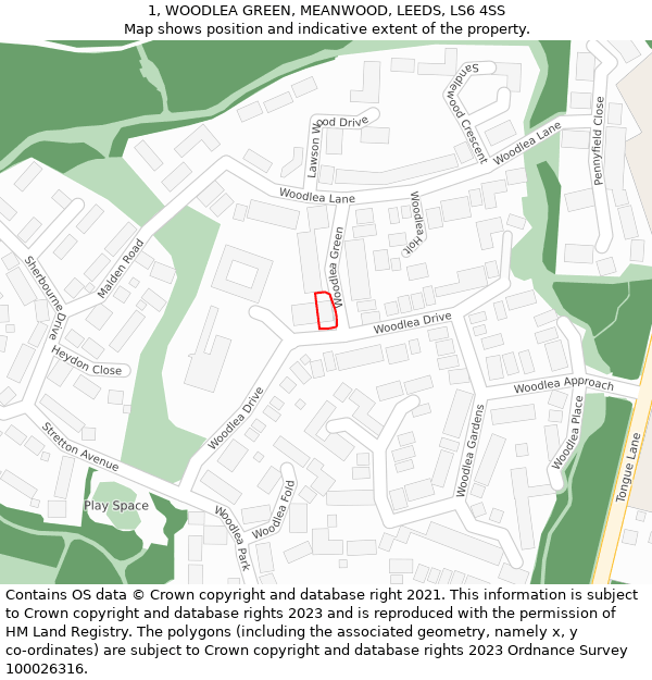 1, WOODLEA GREEN, MEANWOOD, LEEDS, LS6 4SS: Location map and indicative extent of plot