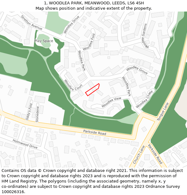 1, WOODLEA PARK, MEANWOOD, LEEDS, LS6 4SH: Location map and indicative extent of plot